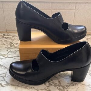 Dansko Tara Black Leather Mary Jane Heels with Cutout Strap
